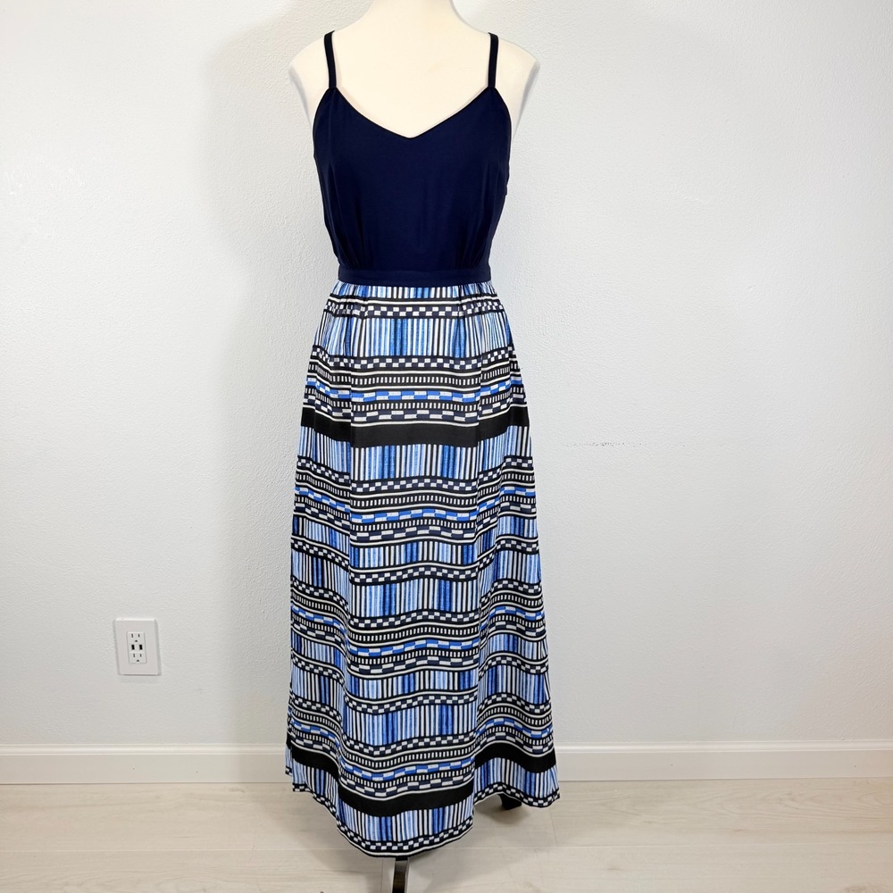 J. Crew Coastal Boho Geometric Printed Skirt Black Blue‎ White Maxi Dress Size 0